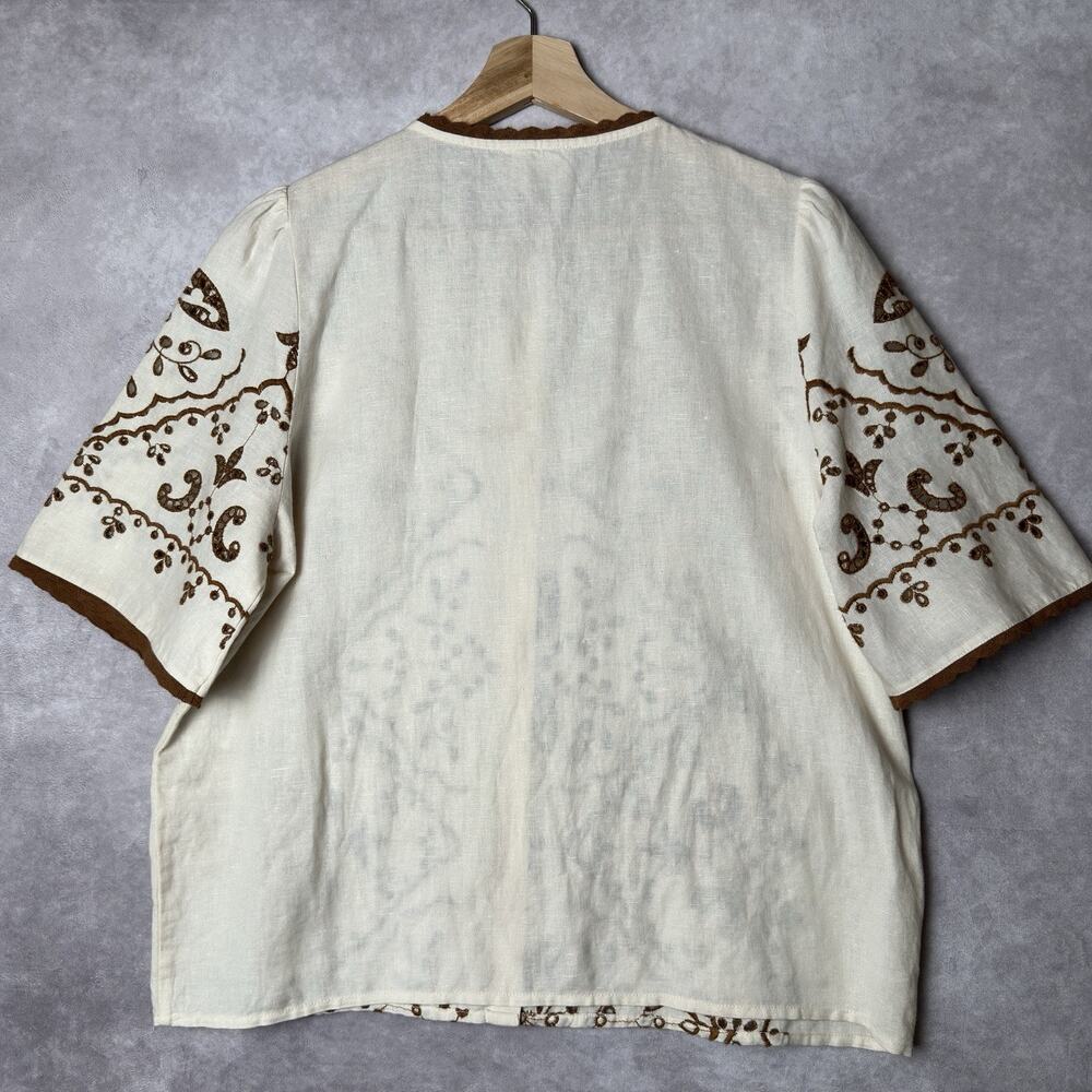 Sezane Waverly Blouse NWT Beige Brown Embroidered Linen Cotton Lace Trim 36 US 4 - Picture 4 of 16